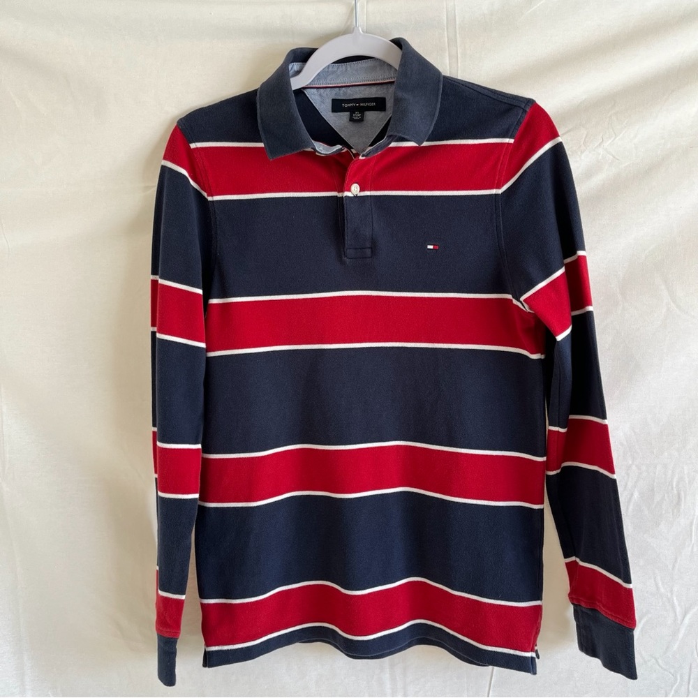 Tommy Hilfiger Polo 2 Button Striped  BlueRed Pullover Long Sleeve Shirt Size XS